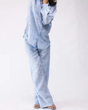 100% linen high-waisted trousers with crystal drop embellishing