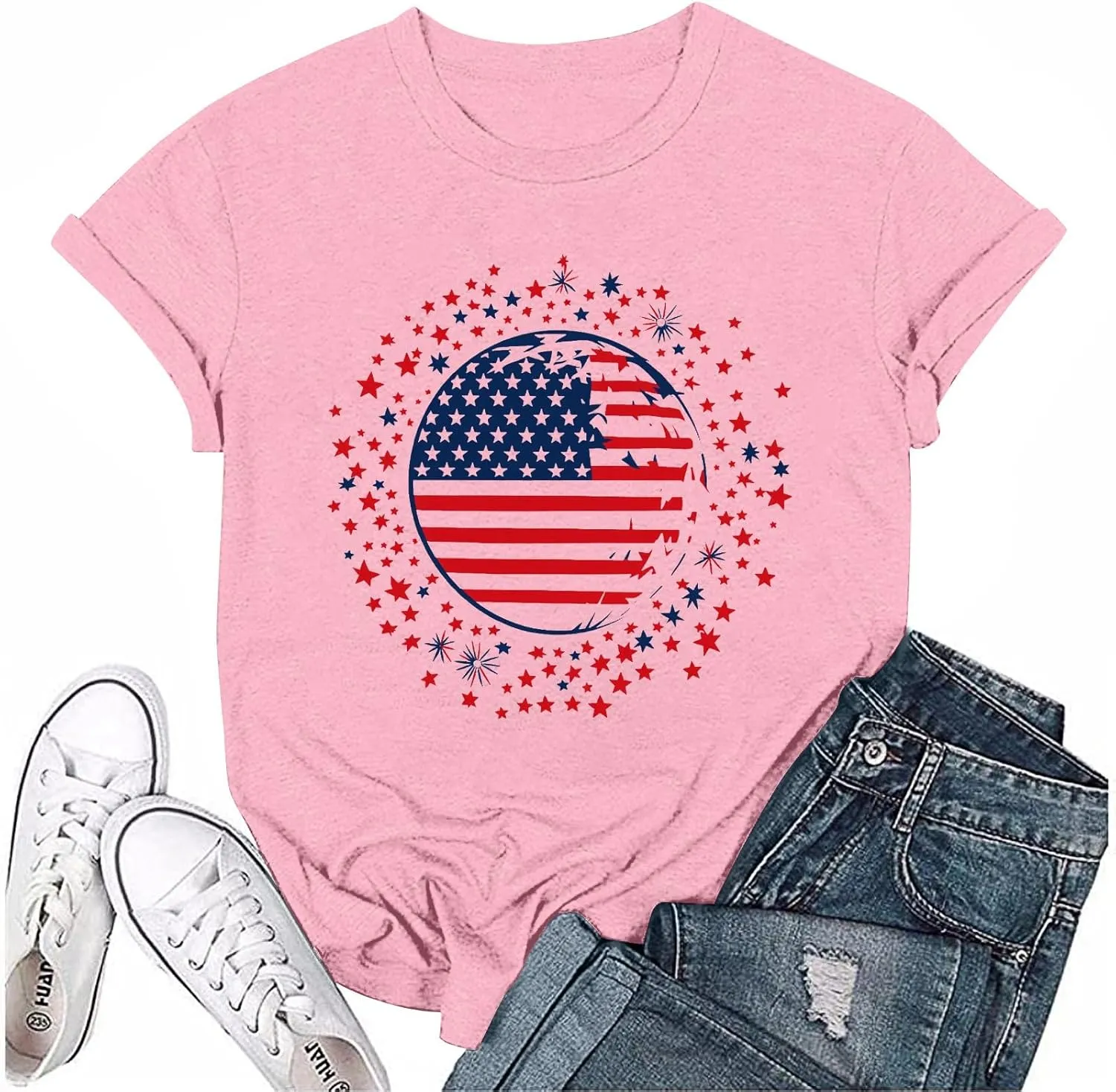 4Th of July Shirts Women Trendy 2025 Patriotic Floral Elf Short Sleeve Tshirts Causal Memorial Day Print Plain Shirts