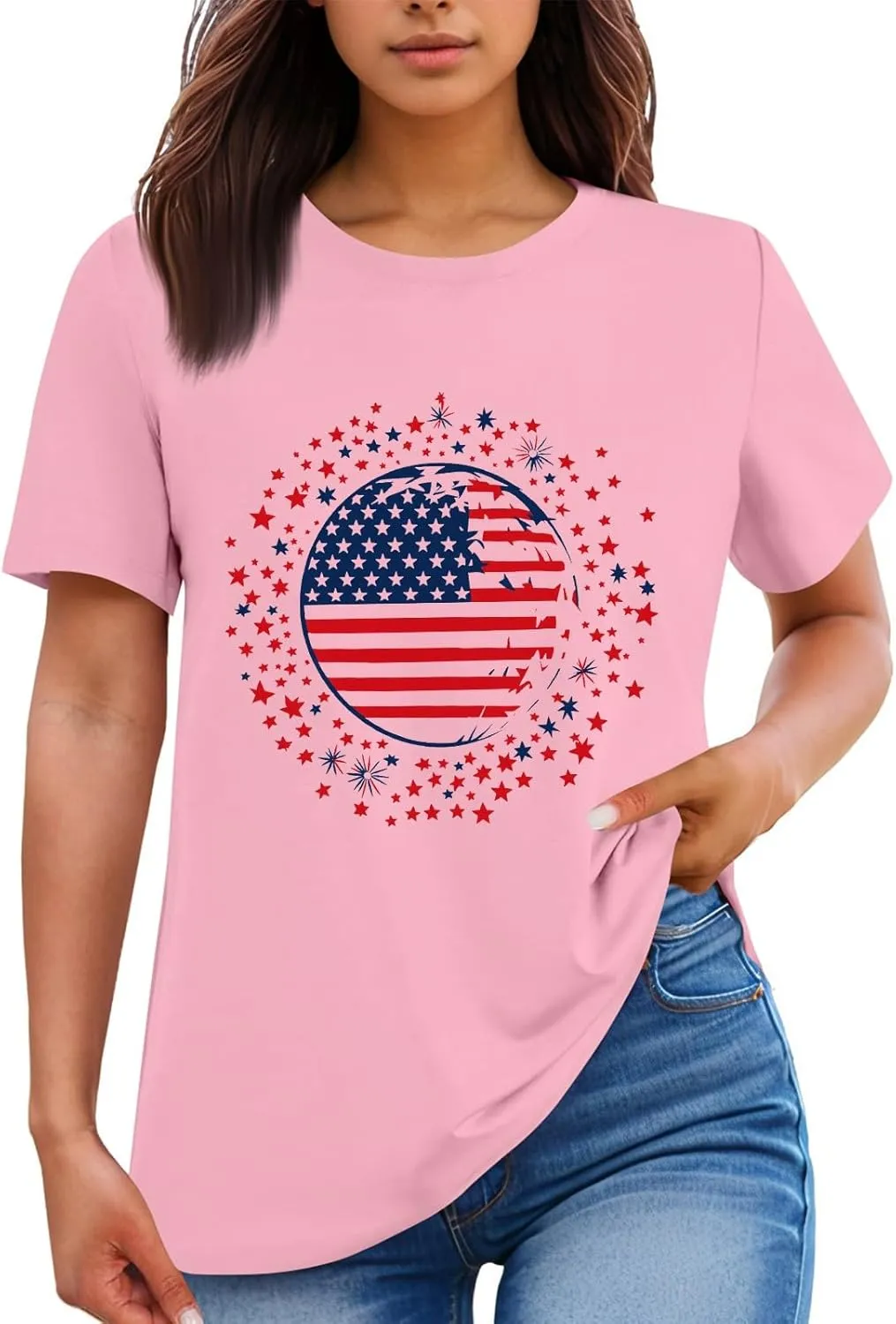 4Th of July Shirts Women Trendy 2025 Patriotic Floral Elf Short Sleeve Tshirts Causal Memorial Day Print Plain Shirts