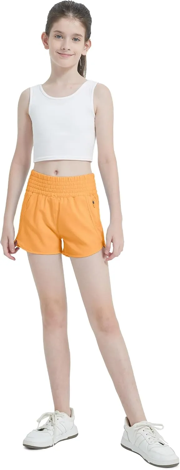 Aurefin Girls High Waisted Athletic Shorts, Teen Girls Running Shorts with Zip Pocket Workout Sports Shorts for Youth Kids
