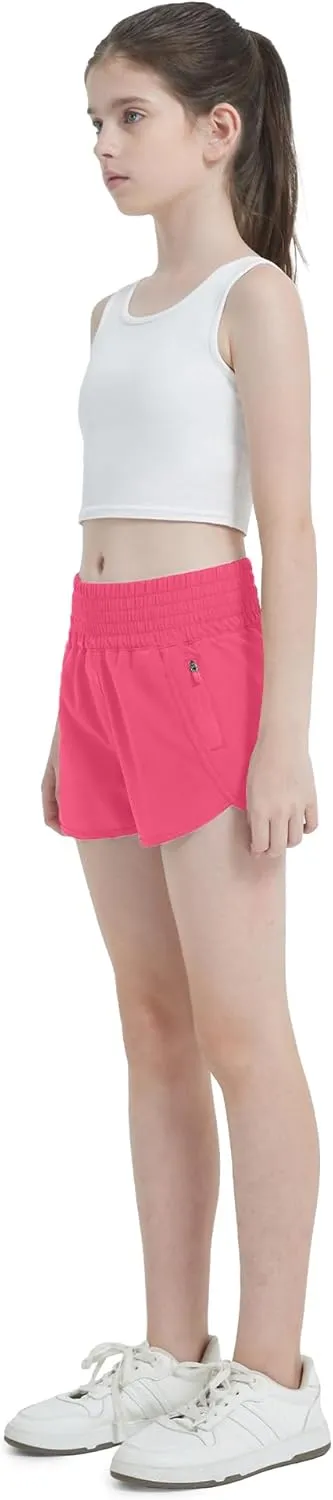 Aurefin Girls High Waisted Athletic Shorts, Teen Girls Running Shorts with Zip Pocket Workout Sports Shorts for Youth Kids