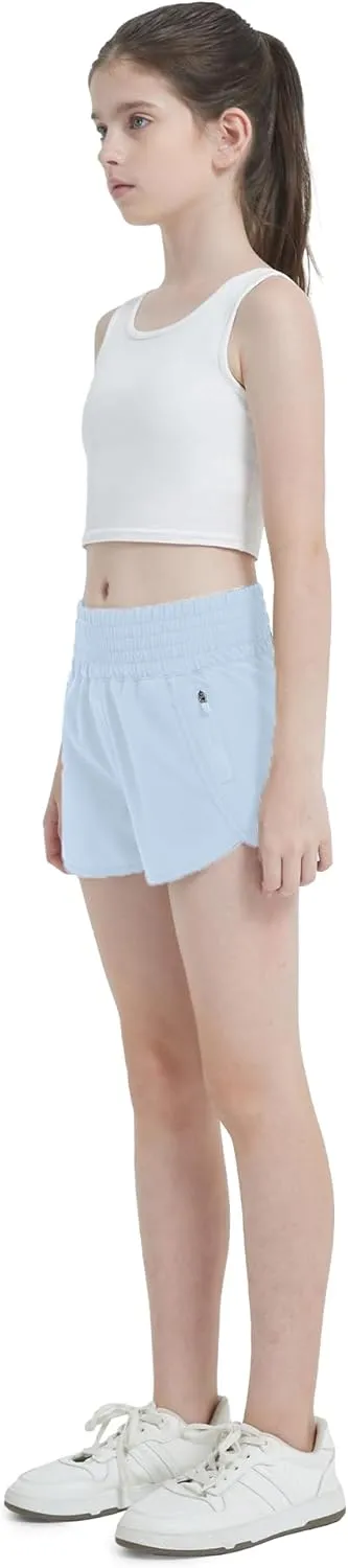 Aurefin Girls High Waisted Athletic Shorts, Teen Girls Running Shorts with Zip Pocket Workout Sports Shorts for Youth Kids