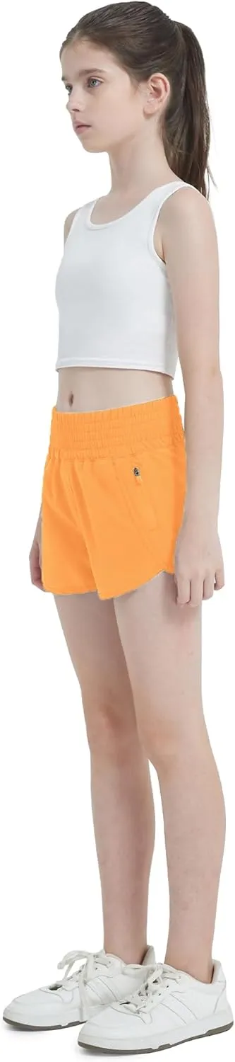 Aurefin Girls High Waisted Athletic Shorts, Teen Girls Running Shorts with Zip Pocket Workout Sports Shorts for Youth Kids