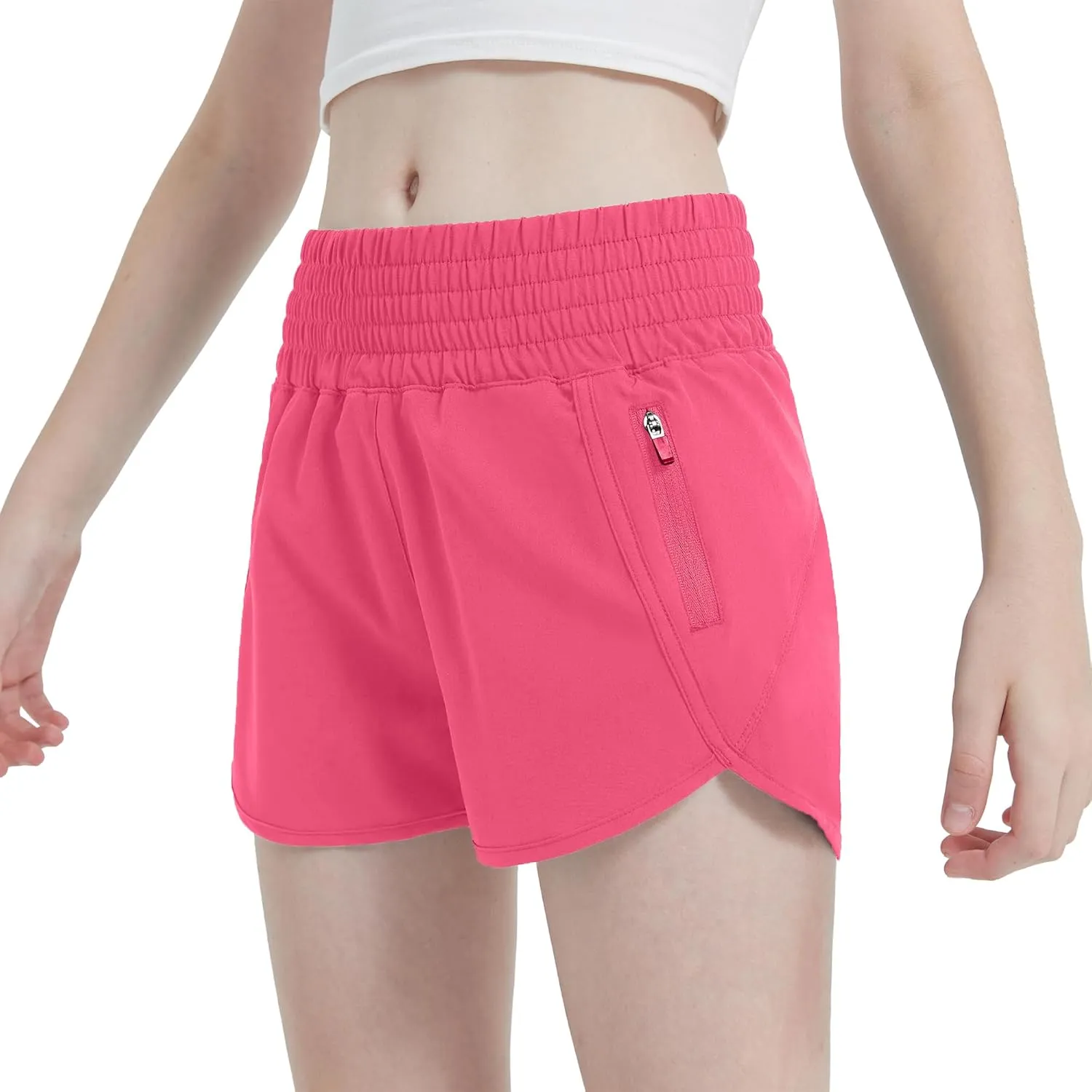 Aurefin Girls High Waisted Athletic Shorts, Teen Girls Running Shorts with Zip Pocket Workout Sports Shorts for Youth Kids