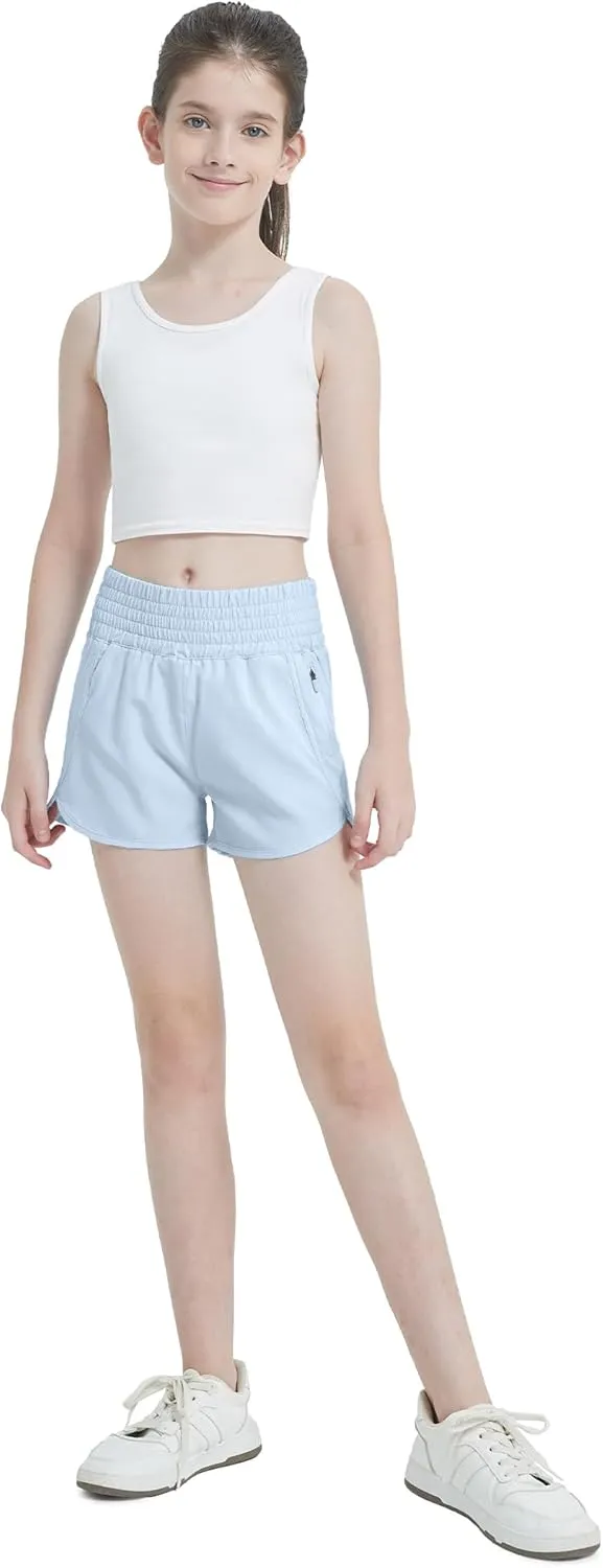 Aurefin Girls High Waisted Athletic Shorts, Teen Girls Running Shorts with Zip Pocket Workout Sports Shorts for Youth Kids