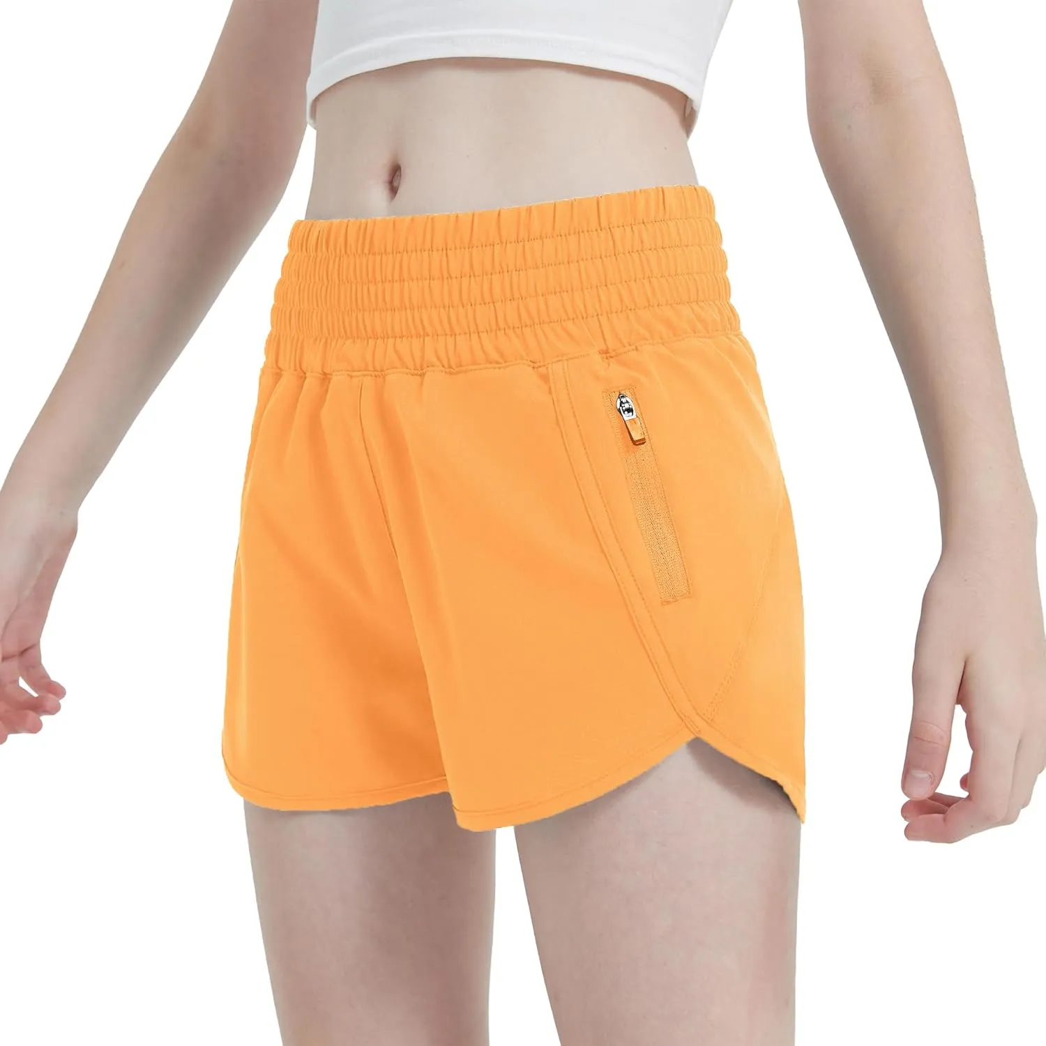 Aurefin Girls High Waisted Athletic Shorts, Teen Girls Running Shorts with Zip Pocket Workout Sports Shorts for Youth Kids