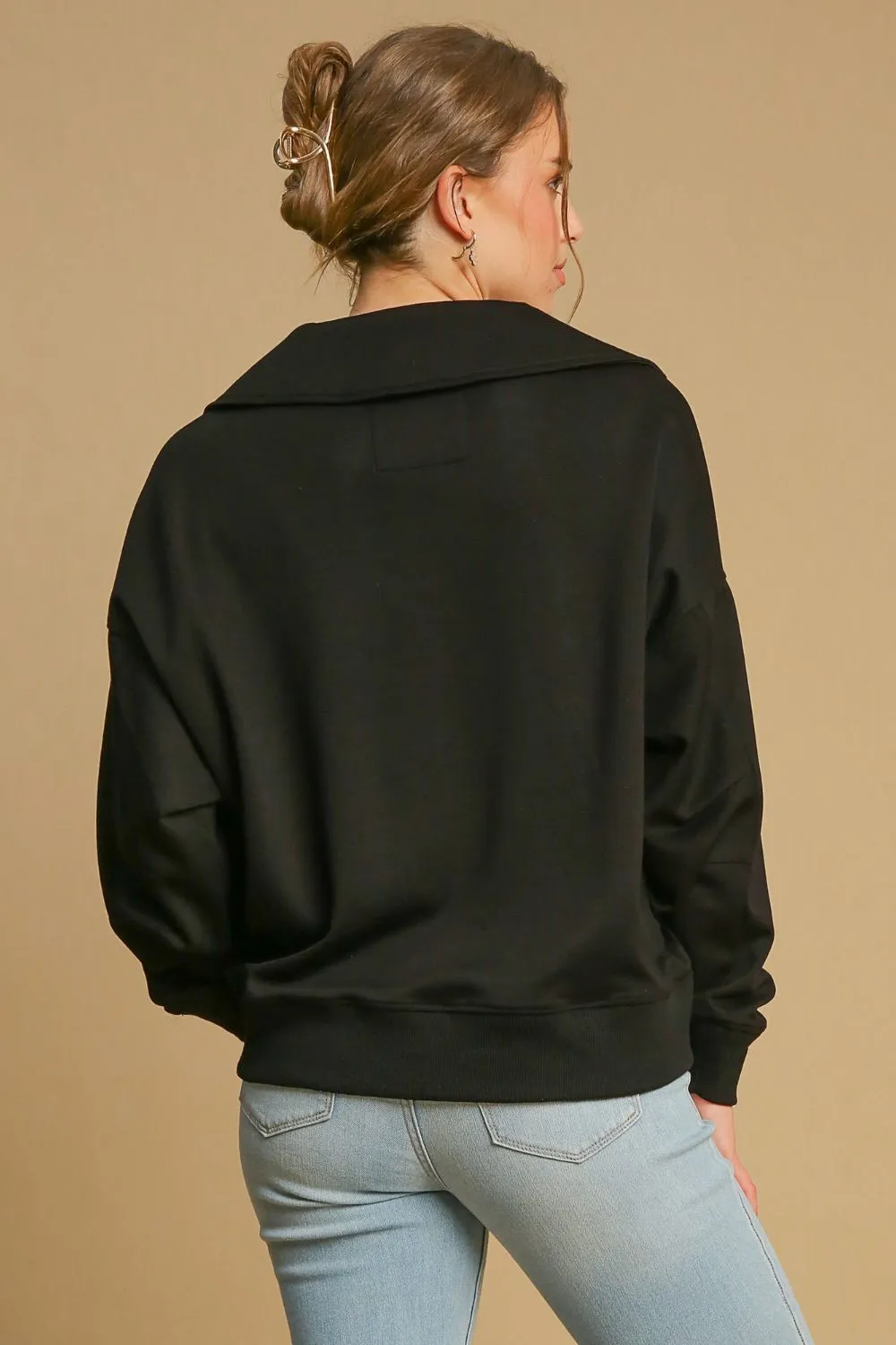 Black Johnny Collar Dropped Shoulder Sweatshirt