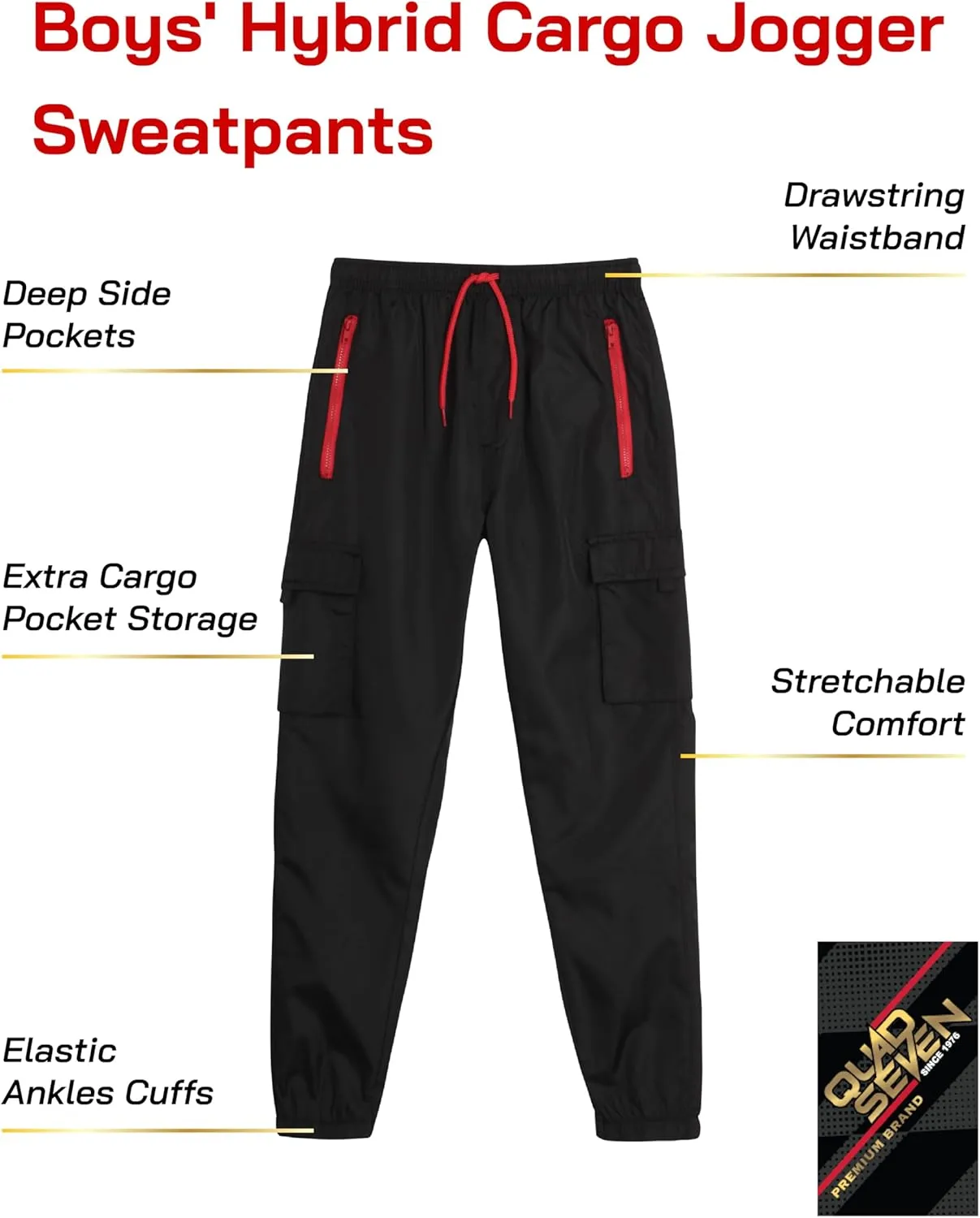 Boys Tech Pants - Quick Dry Performance Stretch Woven Joggers - Hybrid Cargo Jogger Pants for Boys (Sizes: 8-18)
