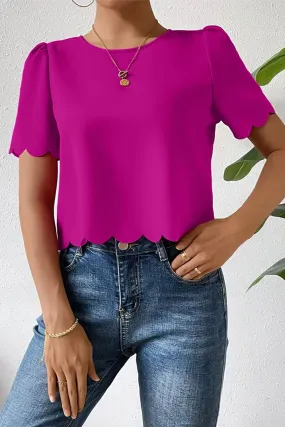 Bright Pink Solid Color Puff Sleeve Scallop Hem Blouse