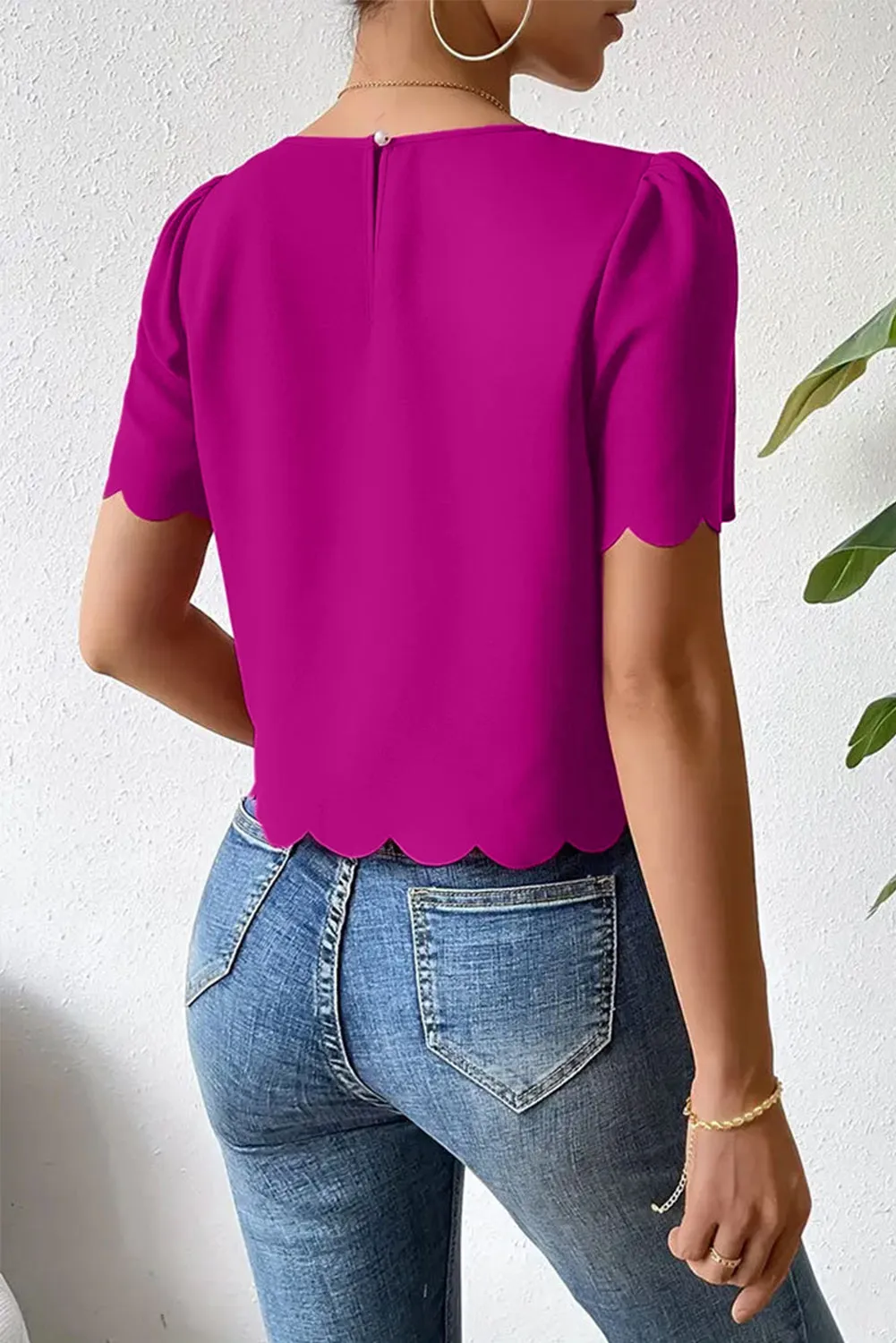 Bright Pink Solid Color Puff Sleeve Scallop Hem Blouse