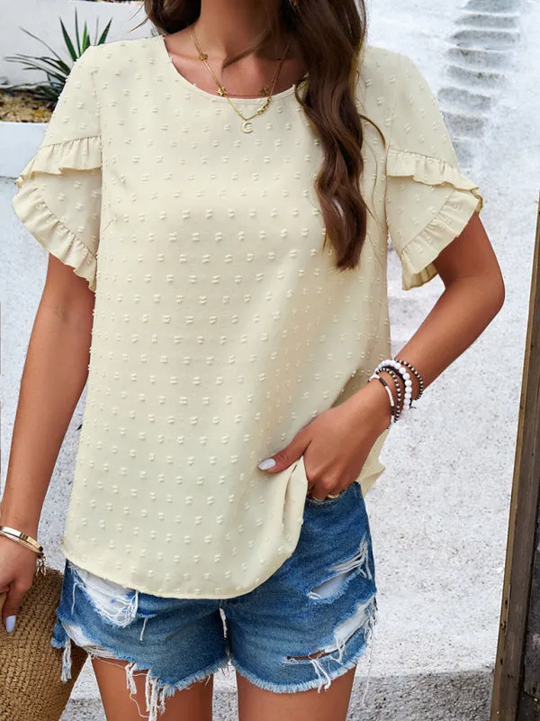 Candela Women's Elegant Solid Color Round Neck Short-Sleeved Top Blouse