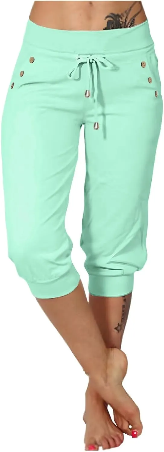 Capri Pants for Women High Waisted Drawstring Trousers Stretch Lightweight Hiking Pant Capri Joggers with Pockets