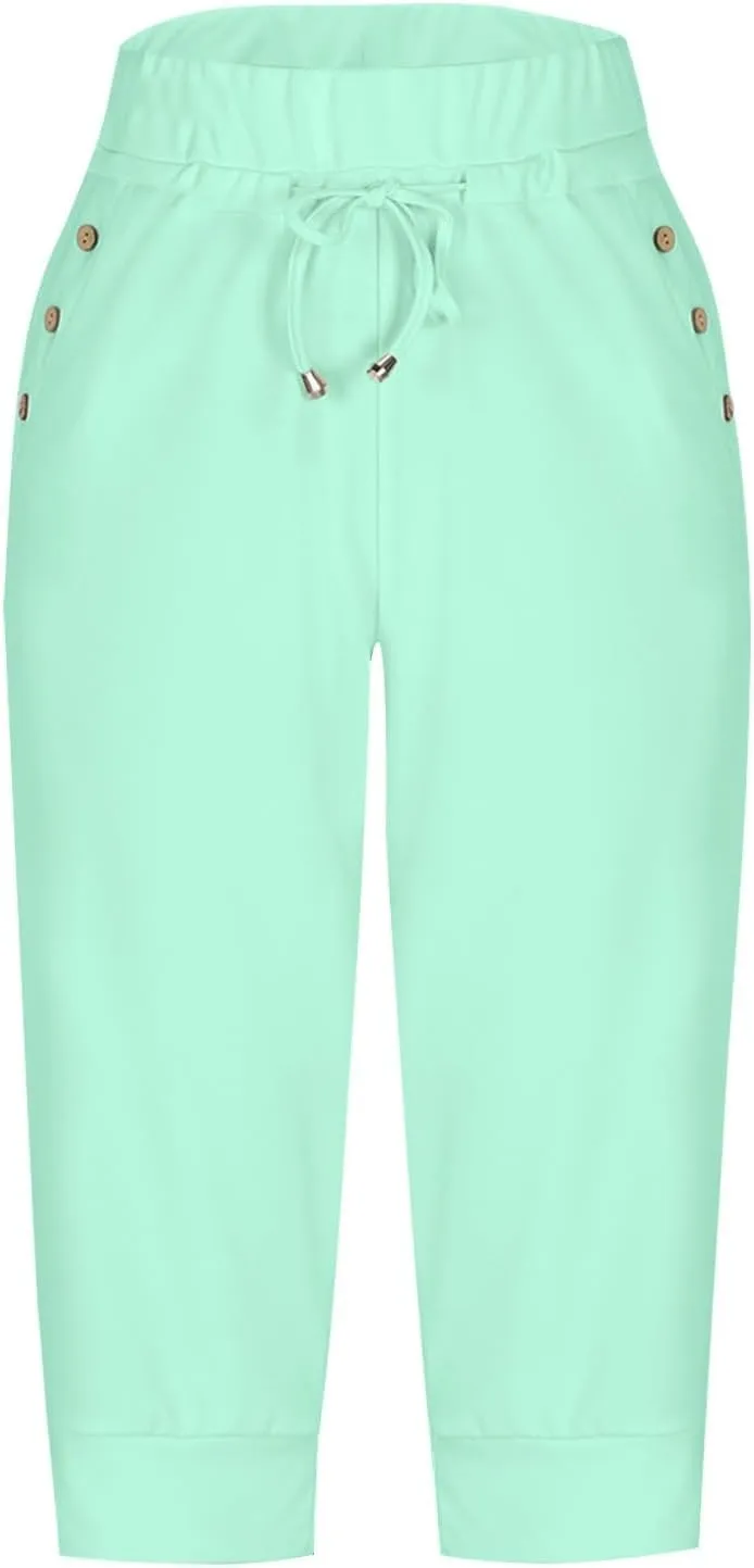 Capri Pants for Women High Waisted Drawstring Trousers Stretch Lightweight Hiking Pant Capri Joggers with Pockets
