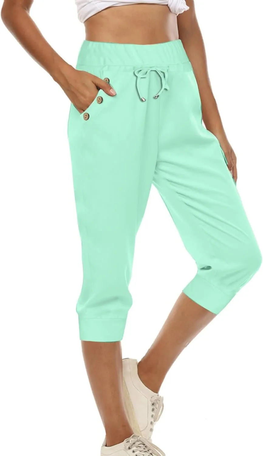 Capri Pants for Women High Waisted Drawstring Trousers Stretch Lightweight Hiking Pant Capri Joggers with Pockets