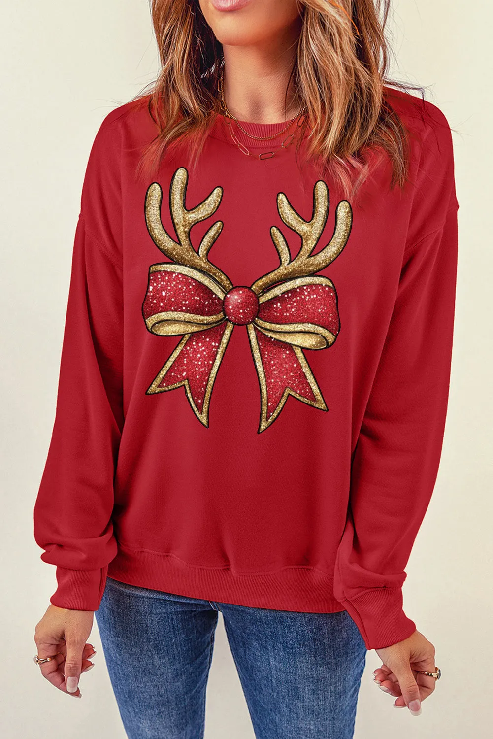 Christmas Wacky Cat String Lights Print Crew Neck Pullover Sweatshirt