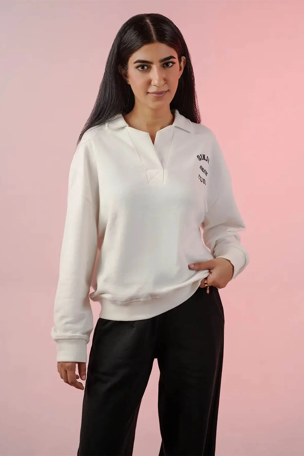 Collared Neck Polo Sweatshirt For Women -  White