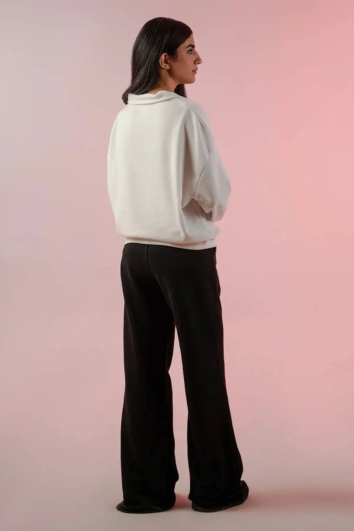 Collared Neck Polo Sweatshirt For Women -  White