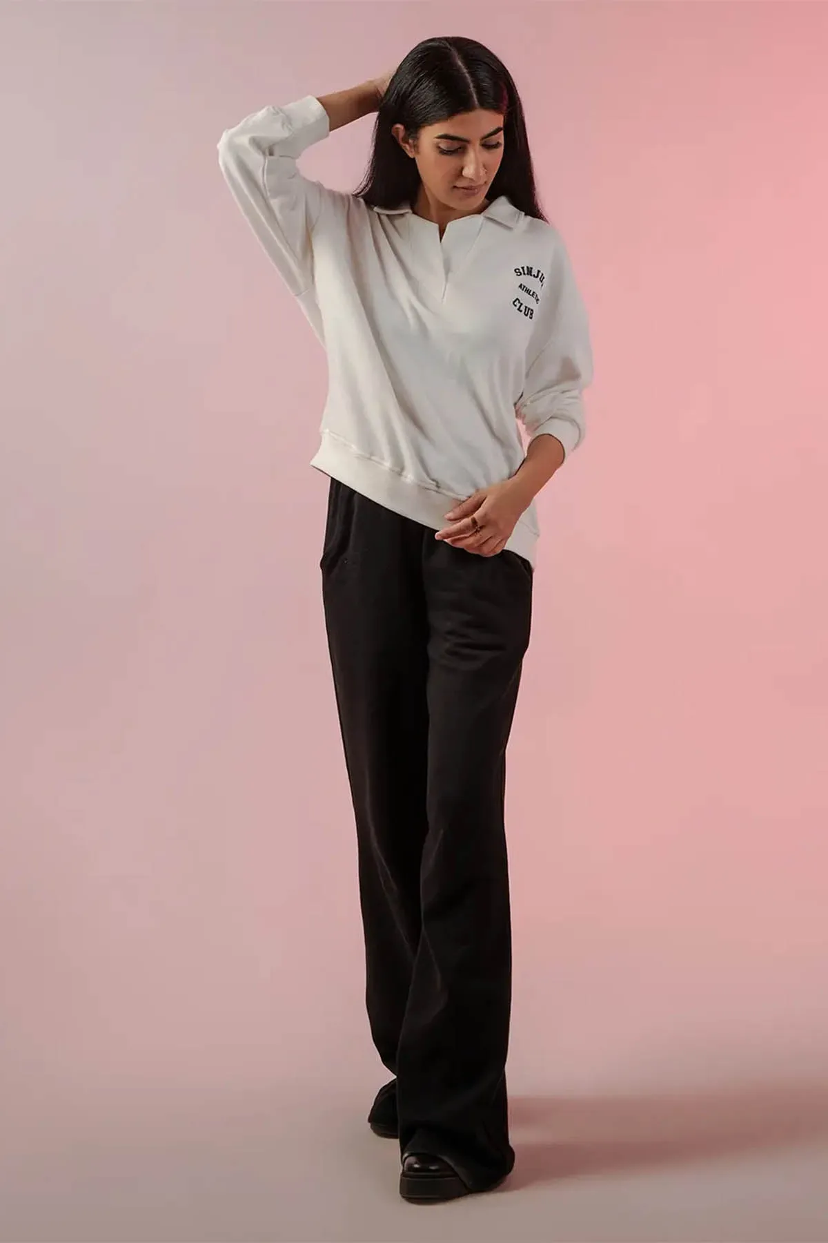 Collared Neck Polo Sweatshirt For Women -  White