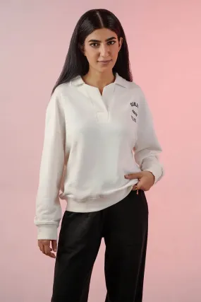 Collared Neck Polo Sweatshirt For Women -  White