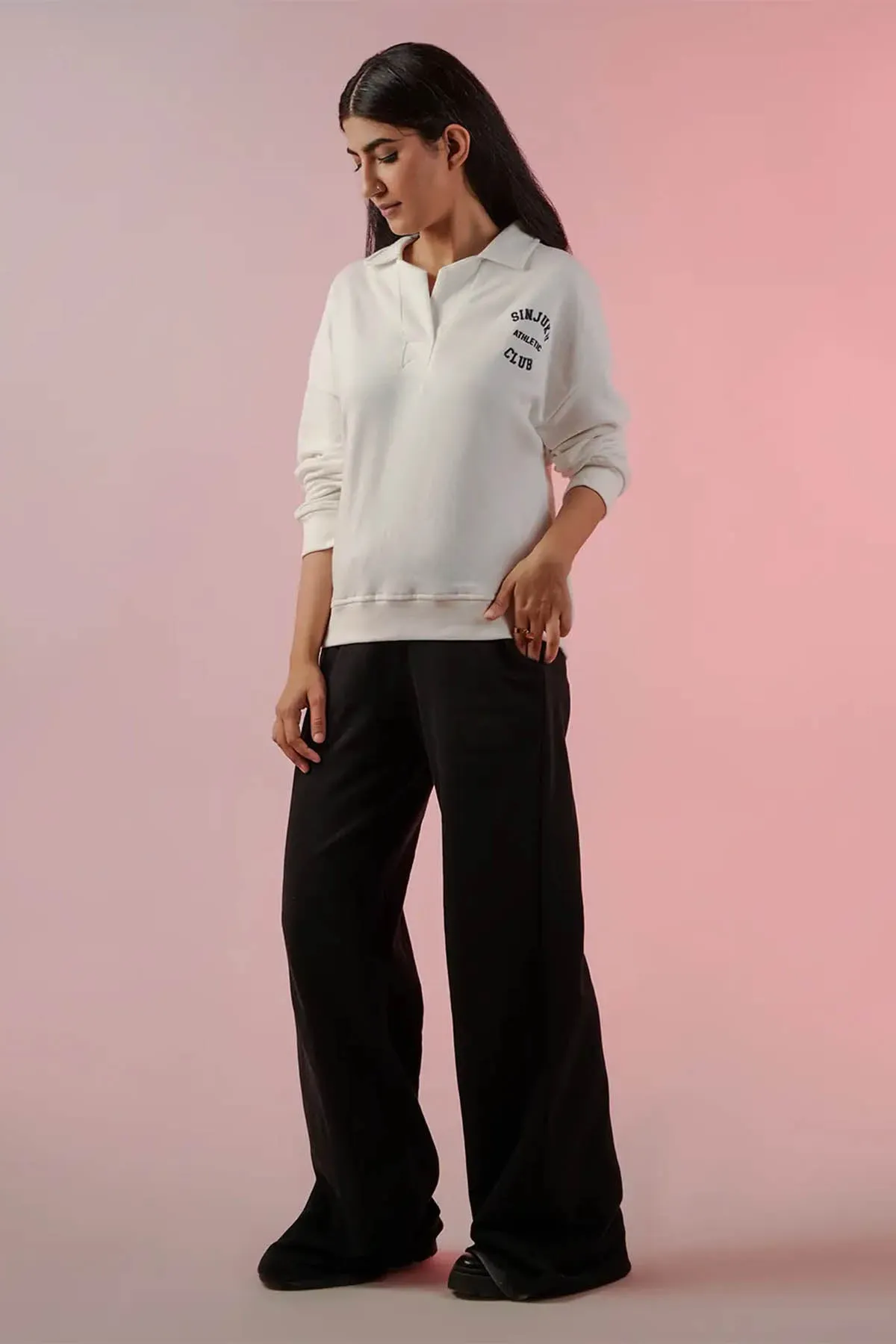 Collared Neck Polo Sweatshirt For Women -  White