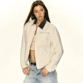 Contrast Collar Sleek Zippered Coat