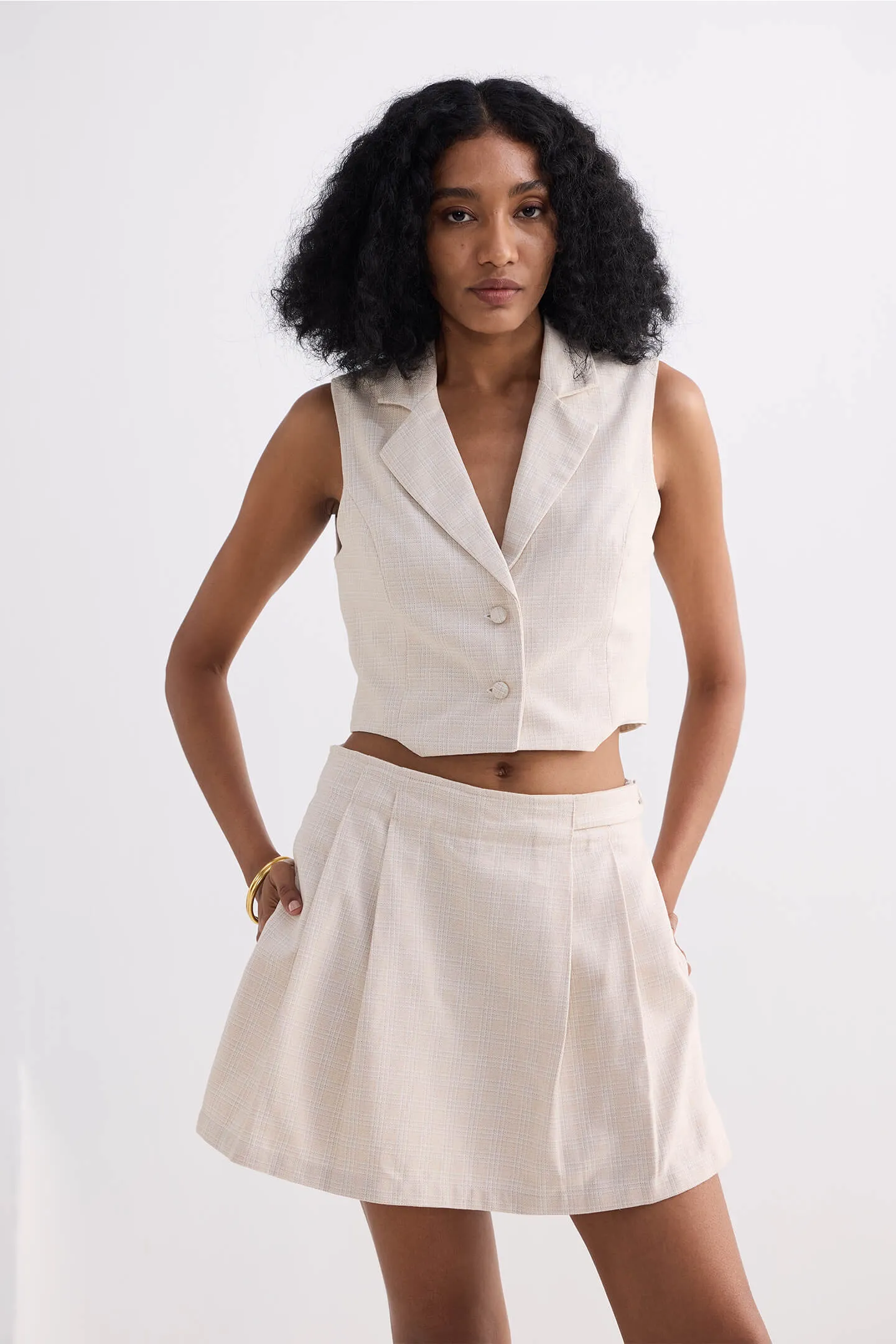Cropped Cotton Tweed Vest in Cream