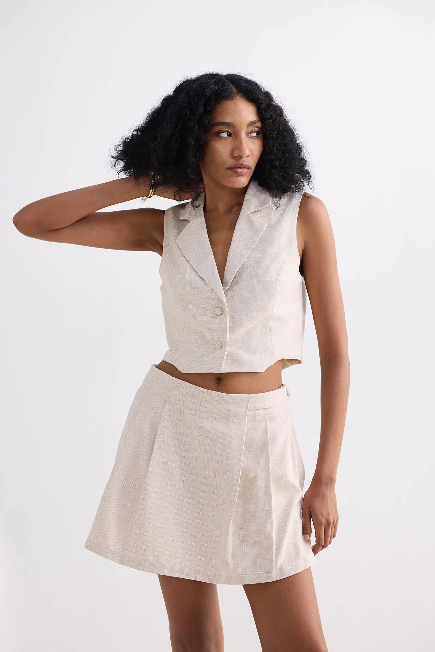 Cropped Cotton Tweed Vest Set in Cream