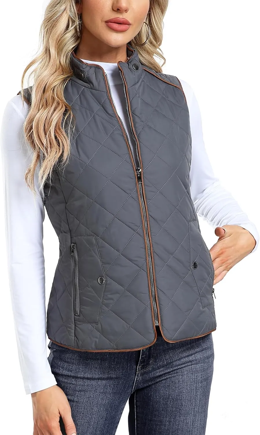 Dilgul Women Padded Vest Stand Collar Zip Up Trendy Puffer Lightweight Quilted Vest