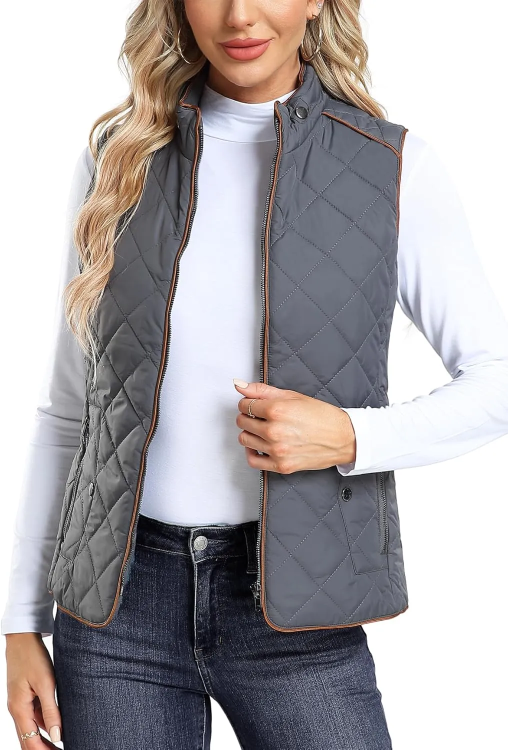 Dilgul Women Padded Vest Stand Collar Zip Up Trendy Puffer Lightweight Quilted Vest