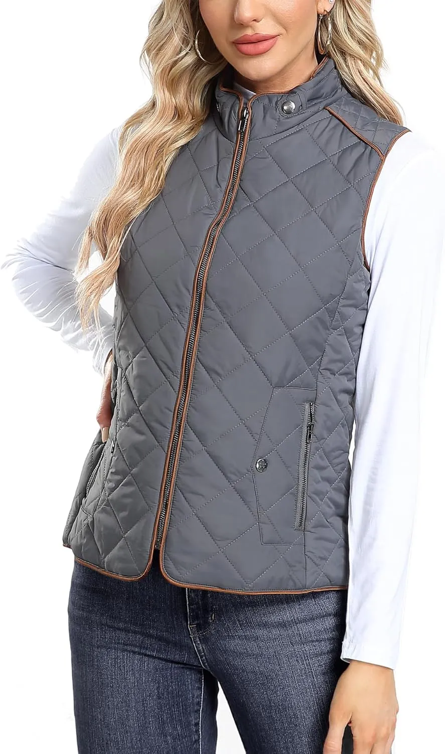 Dilgul Women Padded Vest Stand Collar Zip Up Trendy Puffer Lightweight Quilted Vest