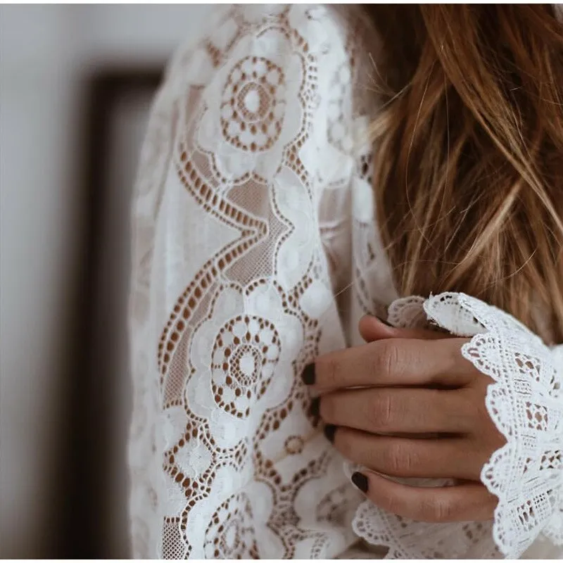 Elegant Lace Crochet Blouse with Lantern Sleeve