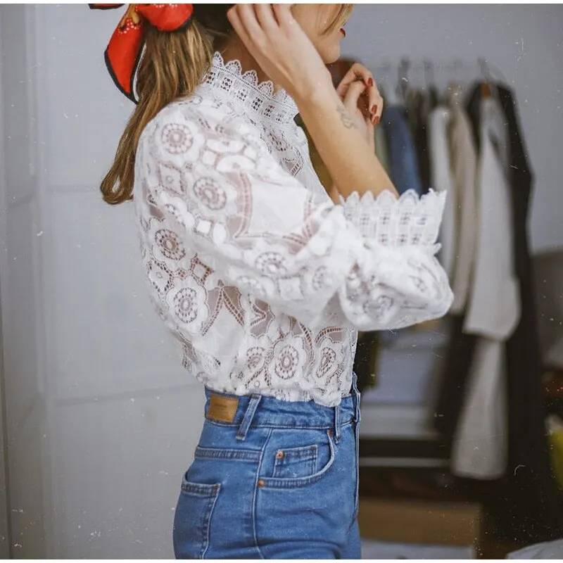 Elegant Lace Crochet Blouse with Lantern Sleeve