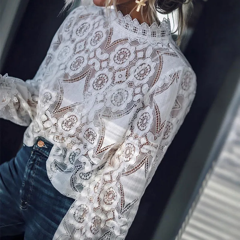 Elegant Lace Crochet Blouse with Lantern Sleeve