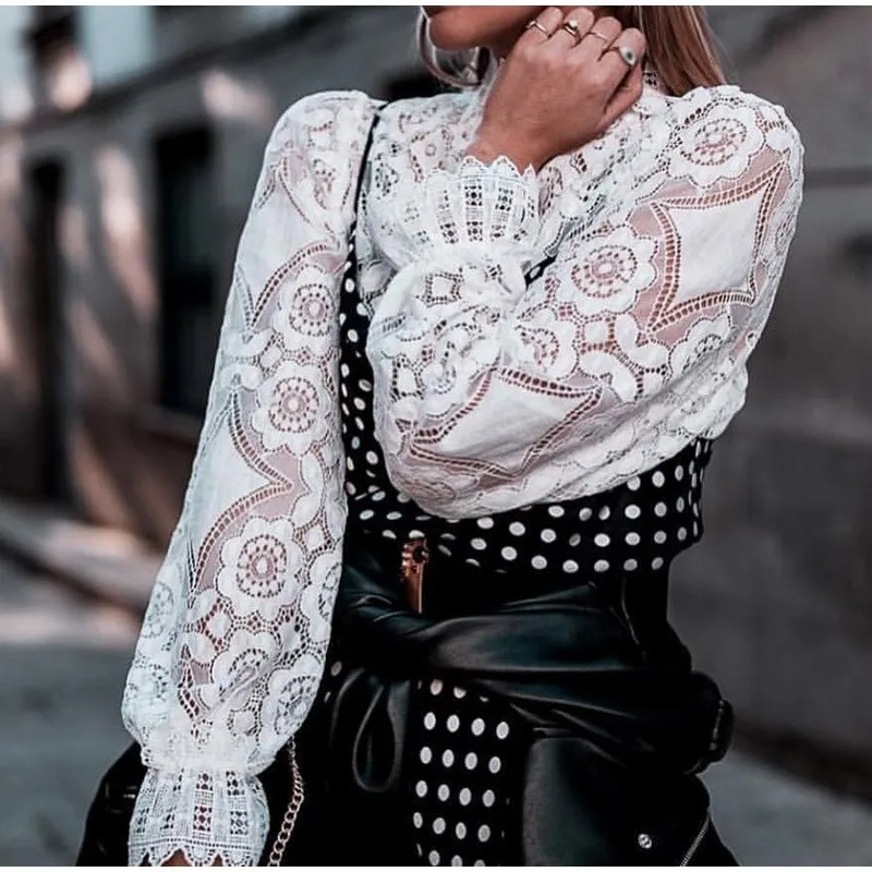 Elegant Lace Crochet Blouse with Lantern Sleeve