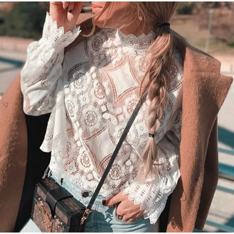 Elegant Lace Crochet Blouse with Lantern Sleeve