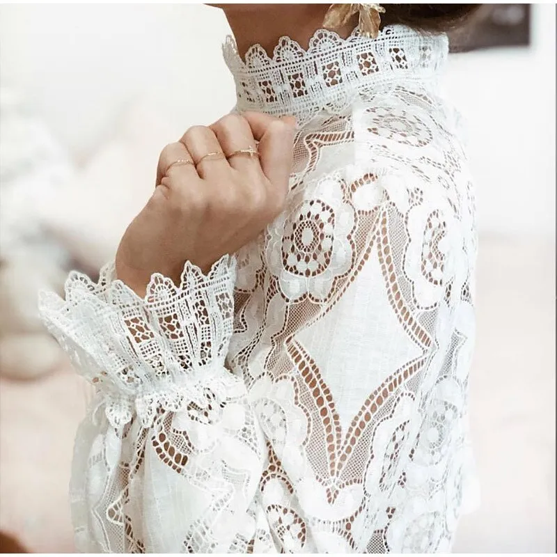 Elegant Lace Crochet Blouse with Lantern Sleeve