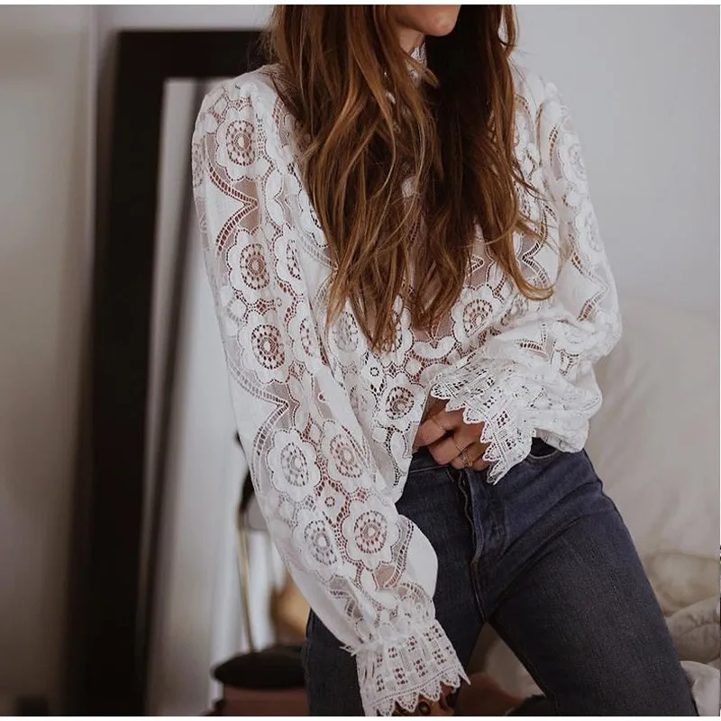 Elegant Lace Crochet Blouse with Lantern Sleeve