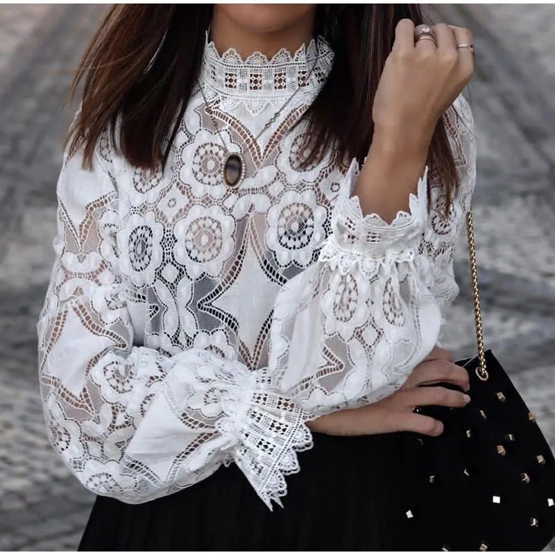Elegant Lace Crochet Blouse with Lantern Sleeve