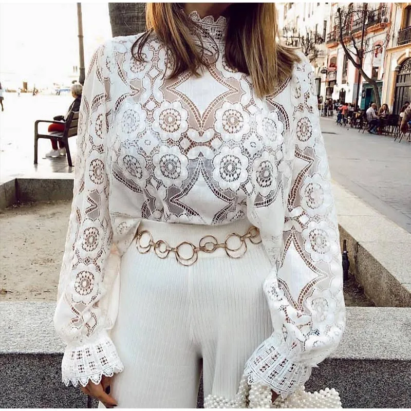 Elegant Lace Crochet Blouse with Lantern Sleeve