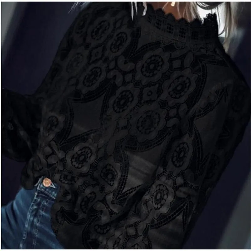 Elegant Lace Crochet Blouse with Lantern Sleeve