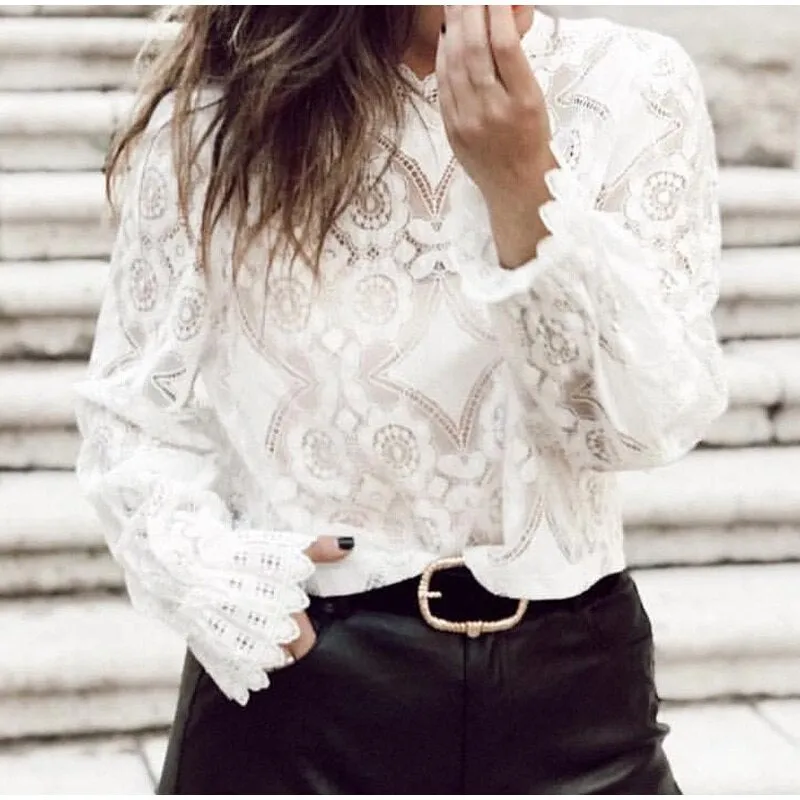 Elegant Lace Crochet Blouse with Lantern Sleeve