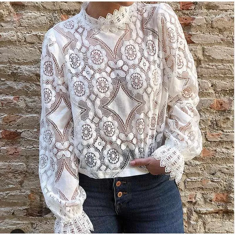 Elegant Lace Crochet Blouse with Lantern Sleeve