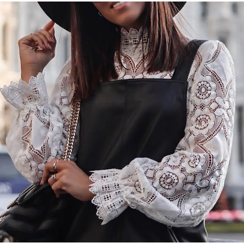 Elegant Lace Crochet Blouse with Lantern Sleeve