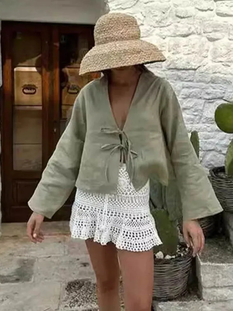 Elegant Lace-Up V-Neck Blouse for Women