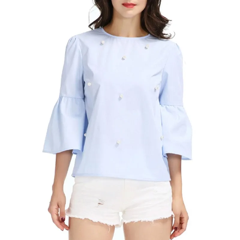 Elegant Pearls Beading Flare Sleeve Shirt