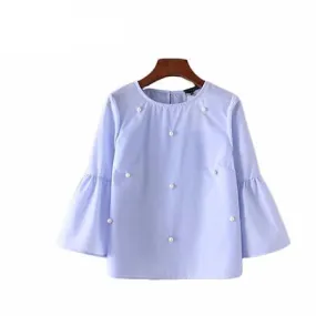 Elegant Pearls Beading Flare Sleeve Shirt