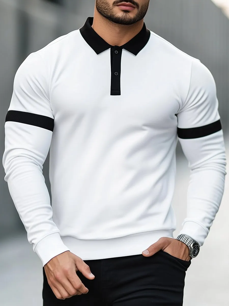 Fashionable Contrast Color Polo Collar Sweatshirt