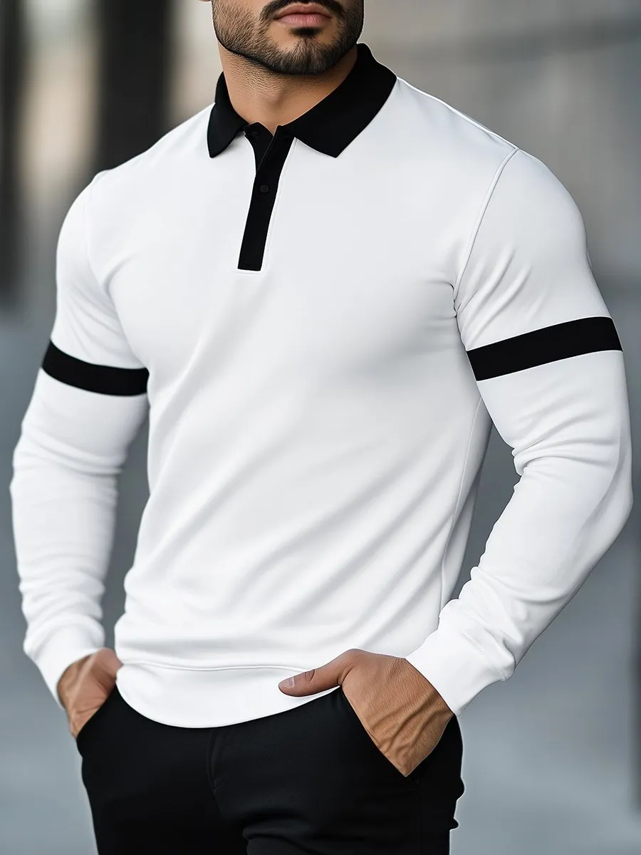 Fashionable Contrast Color Polo Collar Sweatshirt