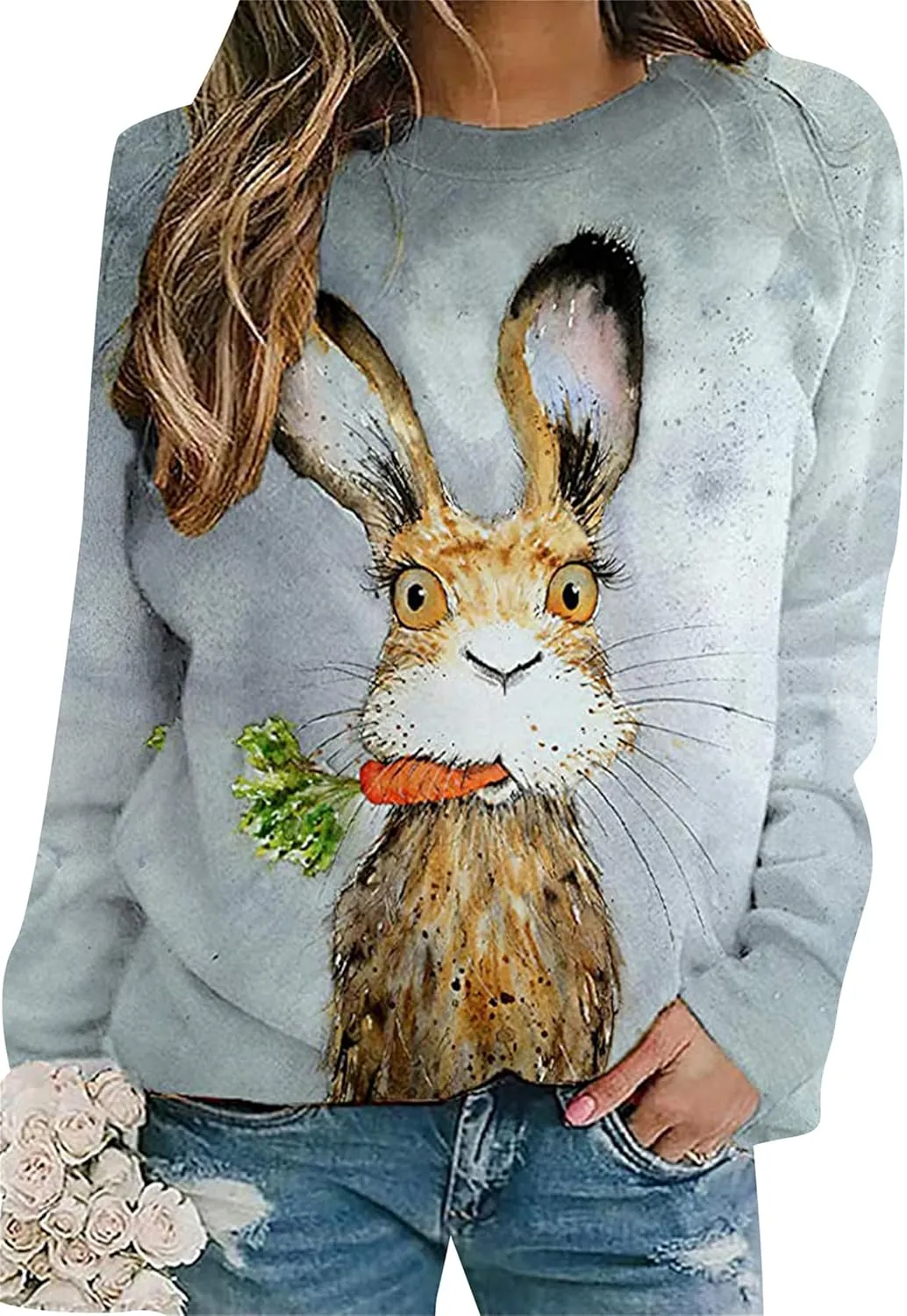 FLITAY Women's Easter Basic Sweatshirt Crew Neck Long Sleeve Sweatshirt Casual Loose Sweatshirt with Rabbit Print