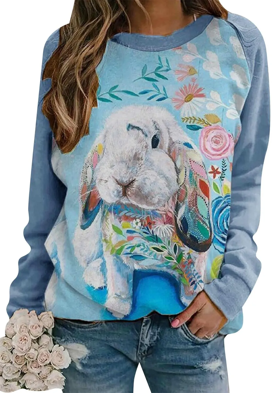FLITAY Women's Easter Basic Sweatshirt Crew Neck Long Sleeve Sweatshirt Casual Loose Sweatshirt with Rabbit Print
